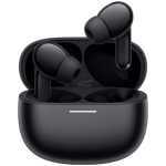 Wireless wireless earbuds in an open charging case, black and glossy with a white status line on the front.
