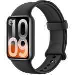 Black smartwatch with a rounded rectangular display showing the time 10:09 on a dark silicone band, product photo.1]} {