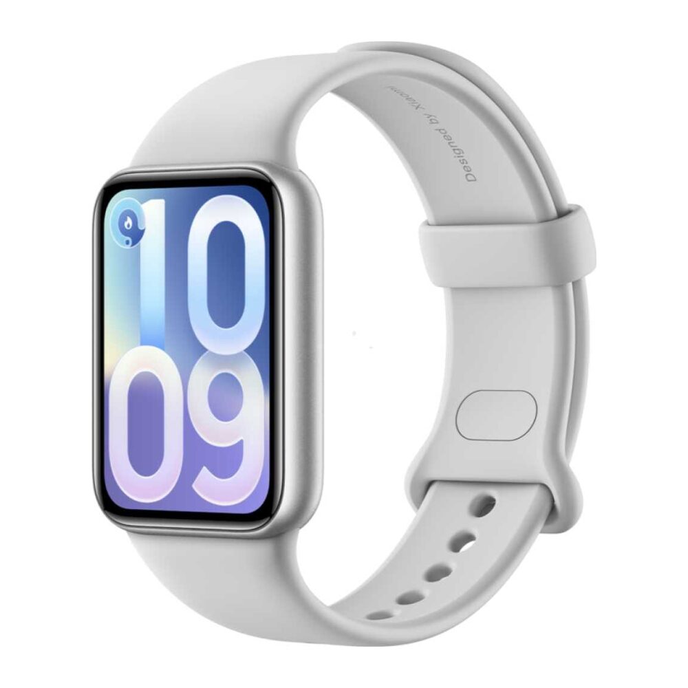 White silicone smartwatch with a rounded square display and a white band.