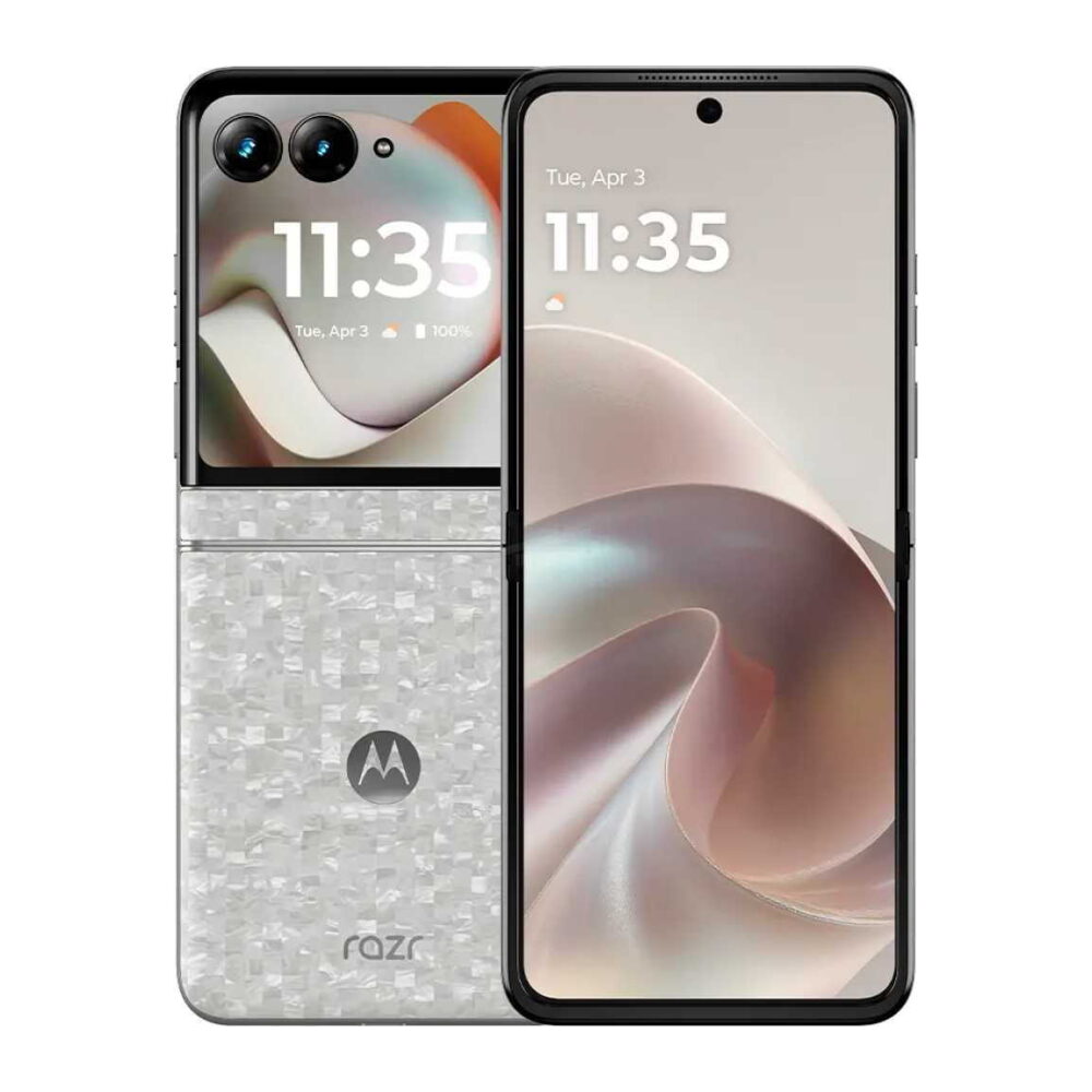 Foldable Motorola Razr smartphone with a front display showing 11:35 on the right and a textured silver back with dual cameras on the left, folded partially open.