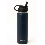 Blue OSIX stainless water bottle with a black flip-top lid and straw, standing upright with a looped handle tag on top