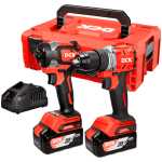 Red cordless drill kit with two drills, batteries, charger, and a red carrying case (brand: DCK).