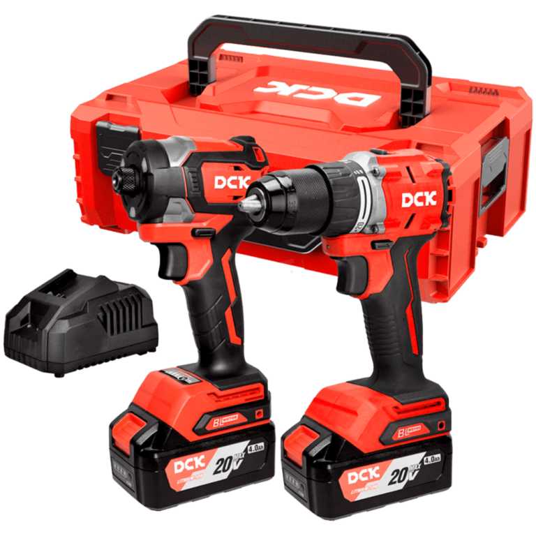 Red cordless drill kit with two drills, batteries, charger, and a red carrying case (brand: DCK).