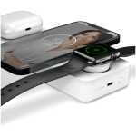 Wireless charging dock charging iPhone, Apple Watch, and AirPods simultaneously with LED indicators on the base.