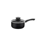 Black saucepan with glass lid and long black handle on white background, side view sample image used for cookware product listing.