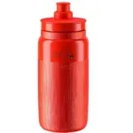 Red plastic sports water bottle with a screw-on flip-cap and textured grip around the middle, viewed from the side.