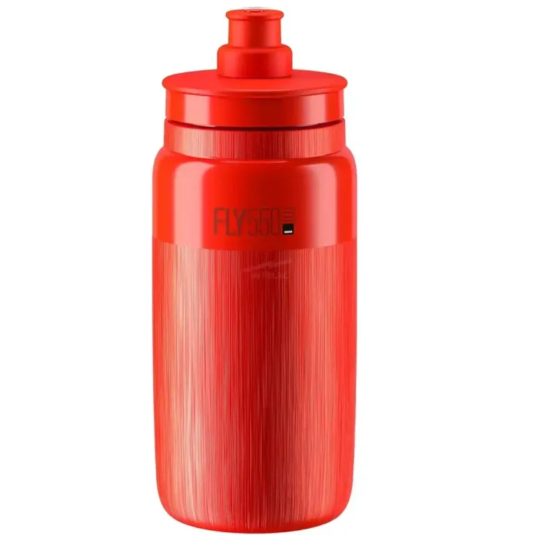 Red plastic sports water bottle with a screw-on flip-cap and textured grip around the middle, viewed from the side.