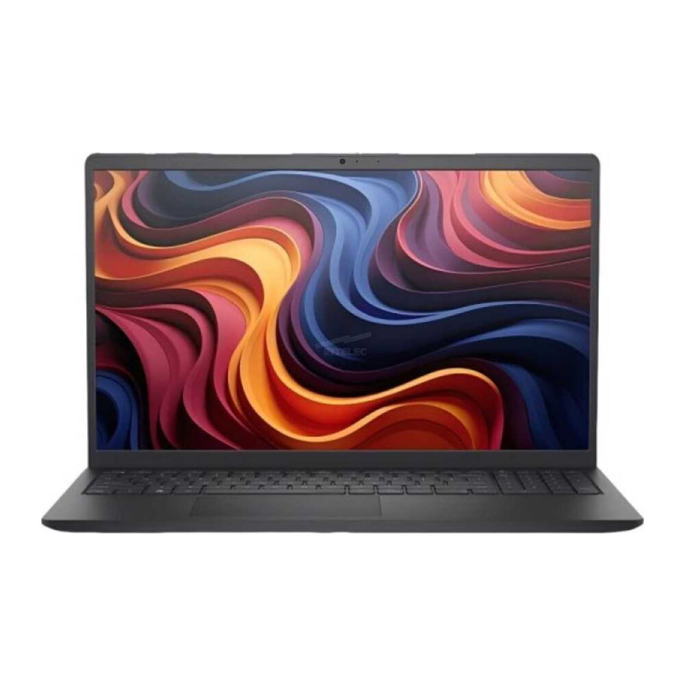 Slim gray laptop facing forward with a vibrant swirling wallpaper on its screen against a white background