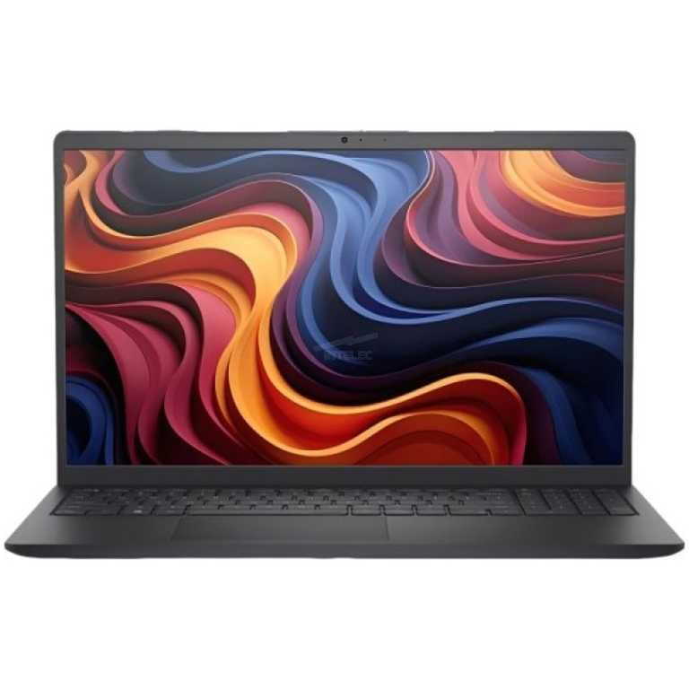 Slim gray laptop facing forward with a vibrant swirling wallpaper on its screen against a white background