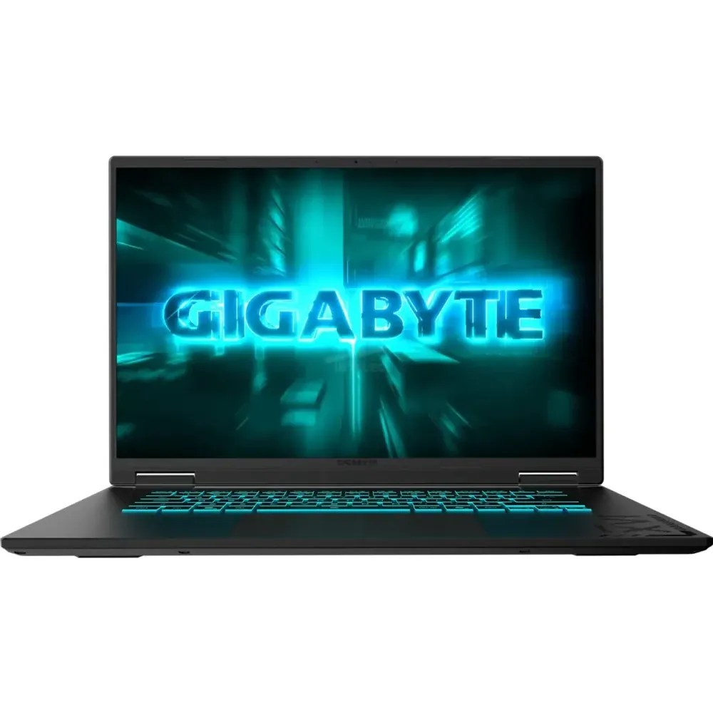 Neon blue GIGABYTE logo displayed on a dark laptop screen with a futuristic glow backdrop