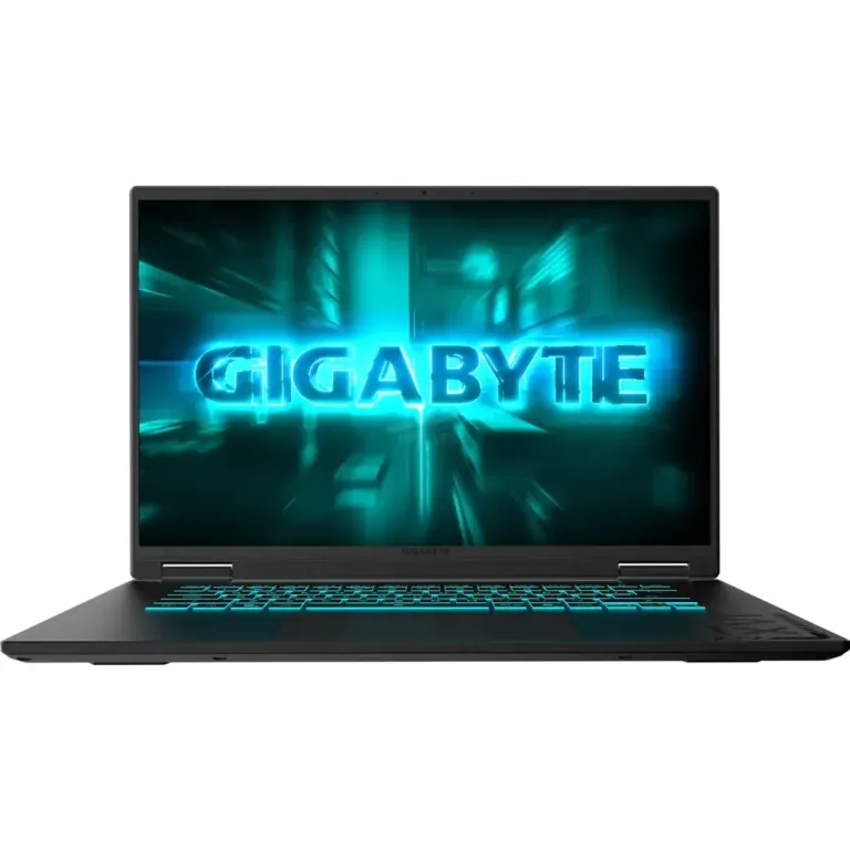 Neon blue GIGABYTE logo displayed on a dark laptop screen with a futuristic glow backdrop