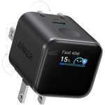 Anker compact wall charger with fold-out prongs and a small screen showing 15% charge and ‘Fast 40W’