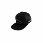 Black baseball cap in solid black with a folded brim, featuring a small mountain graphic on the front and branding on the side.