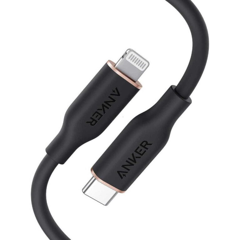 Close-up of a black USB-C to Lightning charging cable connector with rose-gold ring and branding on the housing