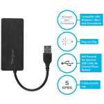Black USB 3.0 adapter dongle with short attached cable; notes: Windows/Mac/Chromebook compatible, plug and play, self-powered via USB, 5 Gbps transfer rate