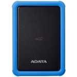 Blue rugged ADATA external hard drive with a black face and a bright blue protective bumper.