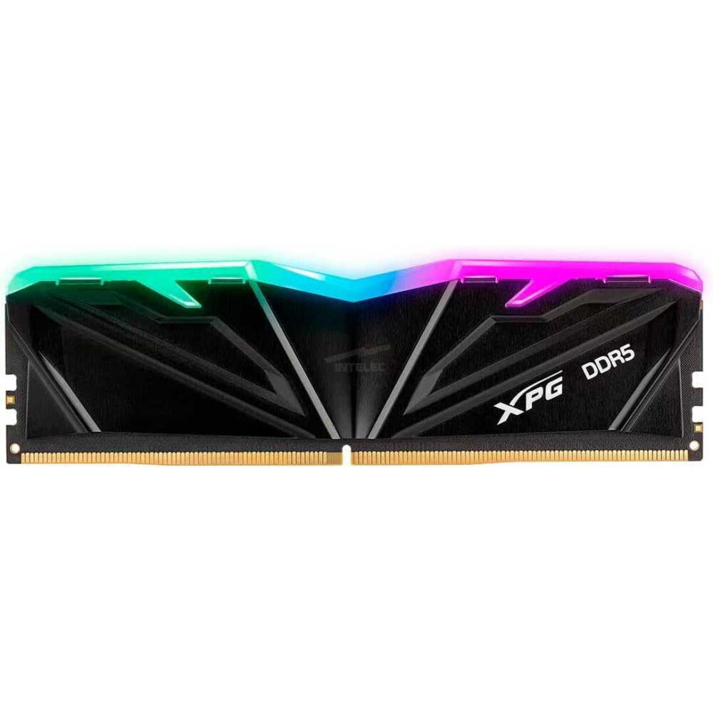 XPG DDR5 RAM module with black angular heatsink and multicolor RGB lighting along the top edge, gold contacts visible at bottom,