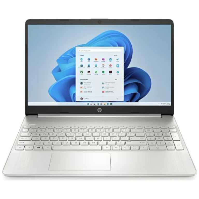 Silver HP laptop open on a white surface, displaying a Windows desktop with a centered Start menu.