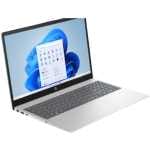 Silver HP laptop open at a slight angle displaying a Windows desktop with app icons on the screen.