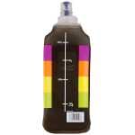 Brown plastic bottle with a white vertical measurement scale on a dark label, flanked by rainbow-colored sticky-note blocks on both sides and a barcode at the bottom.