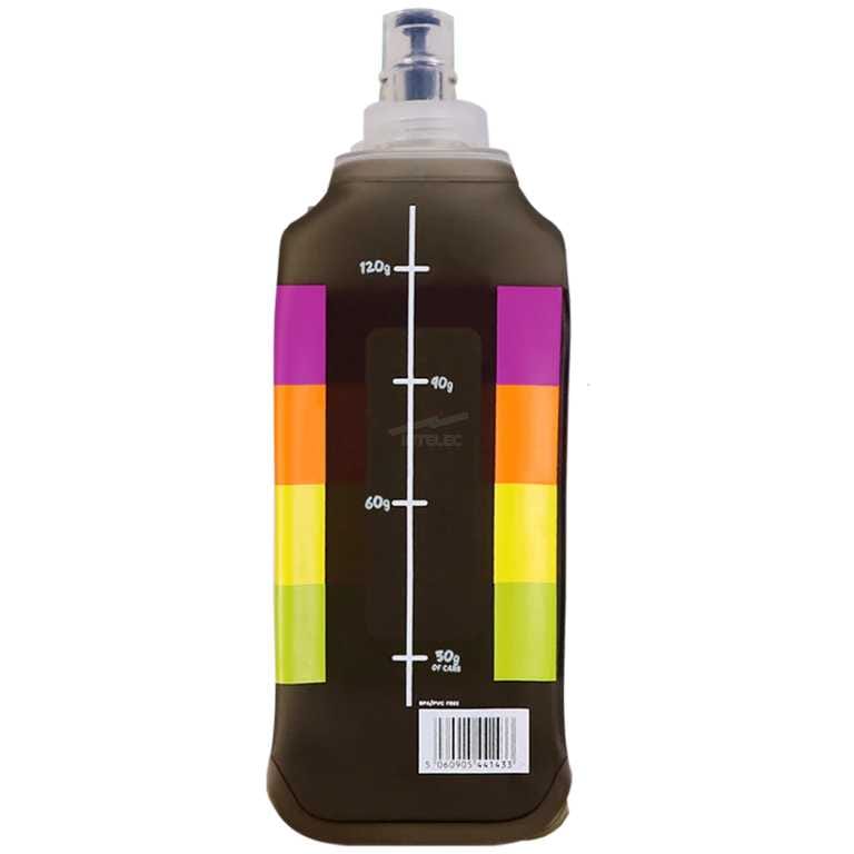 Brown plastic bottle with a white vertical measurement scale on a dark label, flanked by rainbow-colored sticky-note blocks on both sides and a barcode at the bottom.