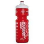 Red plastic sports water bottle with a white cap and vertical white branding text along the side.