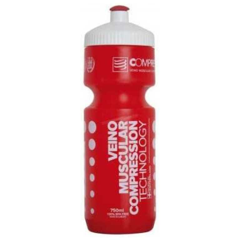 Red plastic sports water bottle with a white cap and vertical white branding text along the side.