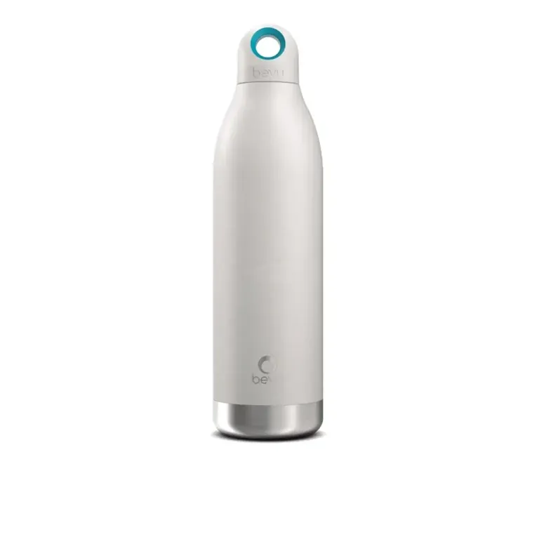 White insulated water bottle with a teal circular logo near the cap and the Bevu branding close to the base of the cap.