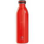 Red stainless steel water bottle with a black and red cap and Bevu logo near the bottom, standing upright.