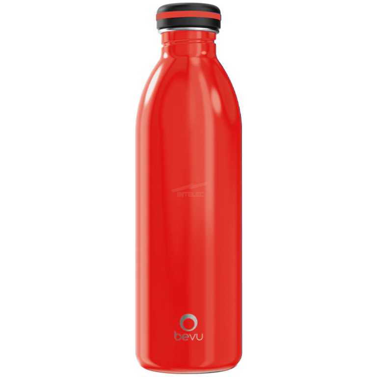 Red stainless steel water bottle with a black and red cap and Bevu logo near the bottom, standing upright.