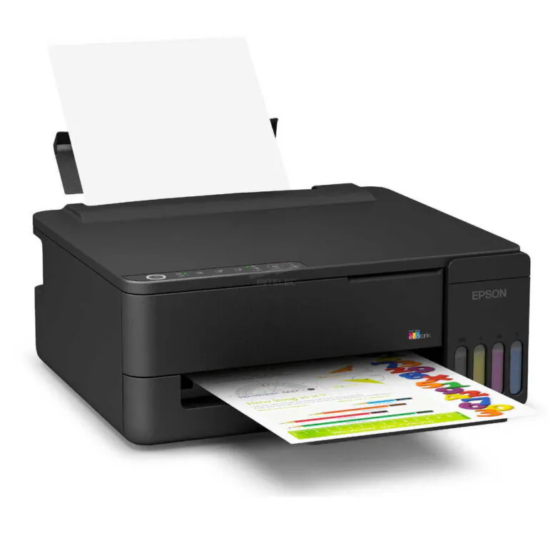Black printer prints a colorful sheet emerging from the output tray, showing graphics and text.