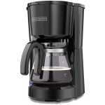 Black+Decker drip coffee maker with glass carafe and cup measurement marks on the carafe.