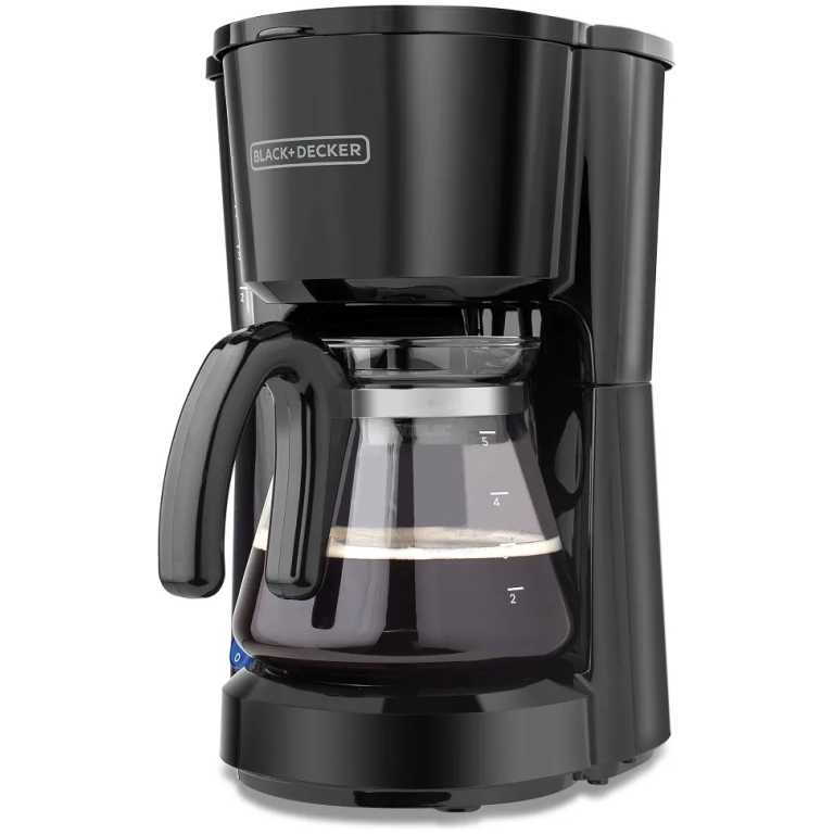 Black+Decker drip coffee maker with glass carafe and cup measurement marks on the carafe.