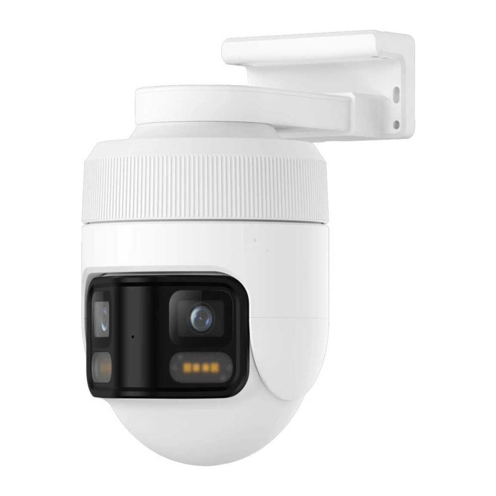 White dome security camera mounted on a wall bracket, featuring lens and infrared LED array for night vision