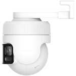 White dome security camera with a black lens housing mounted on a curved white arm