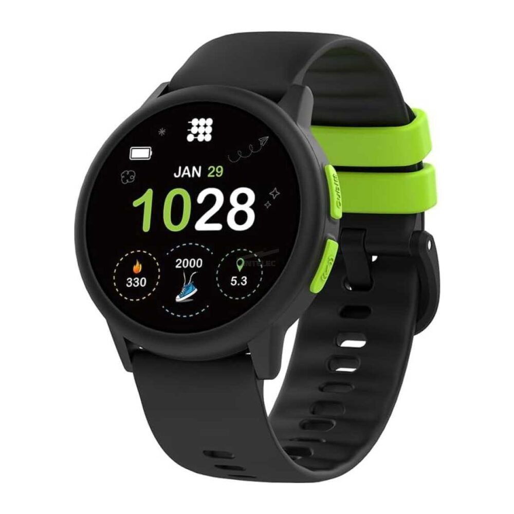 Round black smartwatch with lime-green accents and a silicone strap; the display shows 10:28, Jan 29, and activity stats.