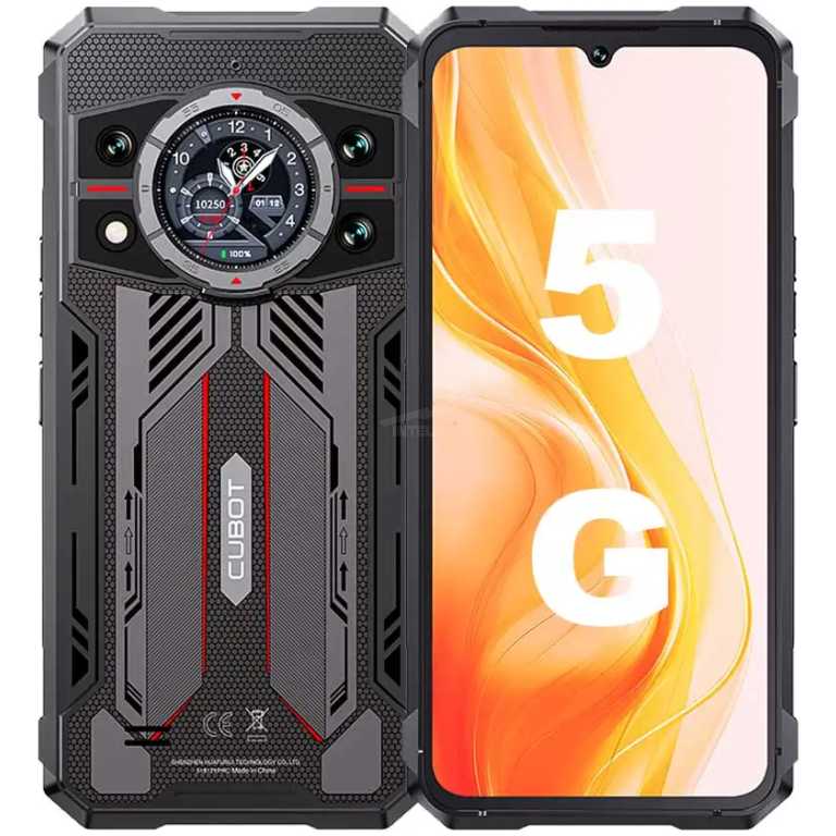 Rugged black Cubot smartphone in a protective case; back features a circular dial-like design, while the front shows a bright 5G screen.