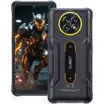 Rugged smartphone with black case and orange trim; rear circular triple-camera module and 'CUBOT' branding, front shows a futuristic armored character on screen.