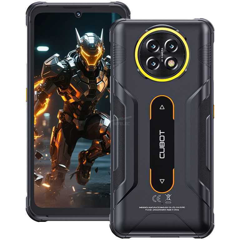 Rugged smartphone with black case and orange trim; rear circular triple-camera module and 'CUBOT' branding, front shows a futuristic armored character on screen.
