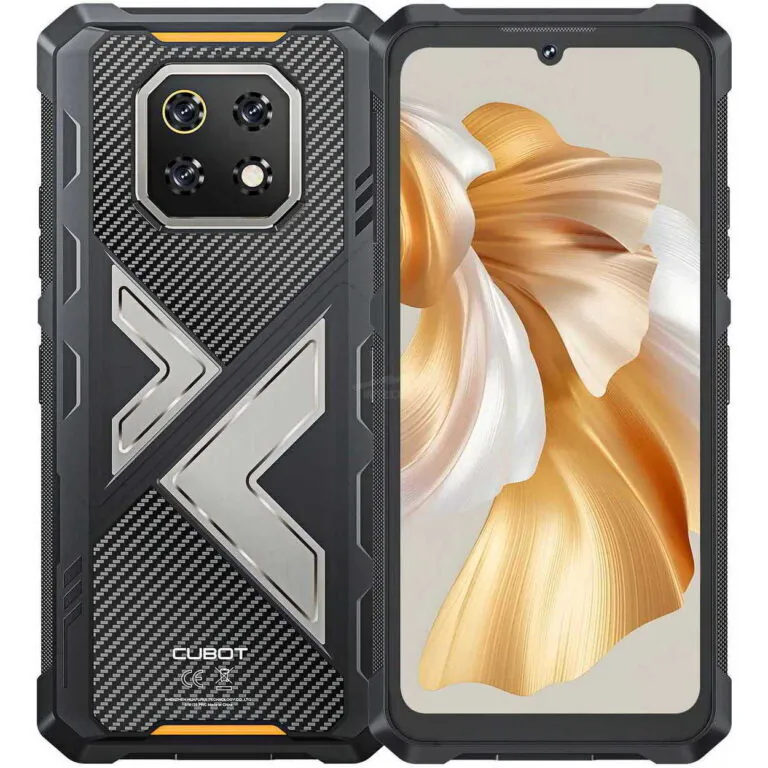 Rugged black phone case with carbon-fiber texture and orange accents, showing triple-camera cutout on back and reinforced edges.