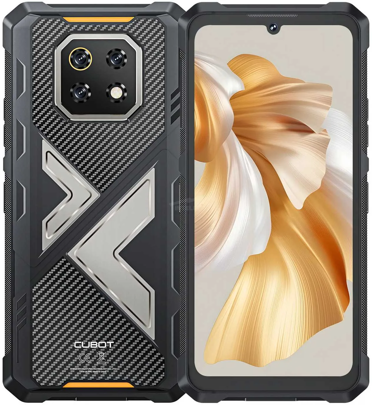 Rugged black phone case with carbon-fiber texture and orange accents, showing triple-camera cutout on back and reinforced edges.