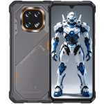 Rugged smartphone with a quad-camera module on the back and a blue-and-white robot on the front display's screen.
