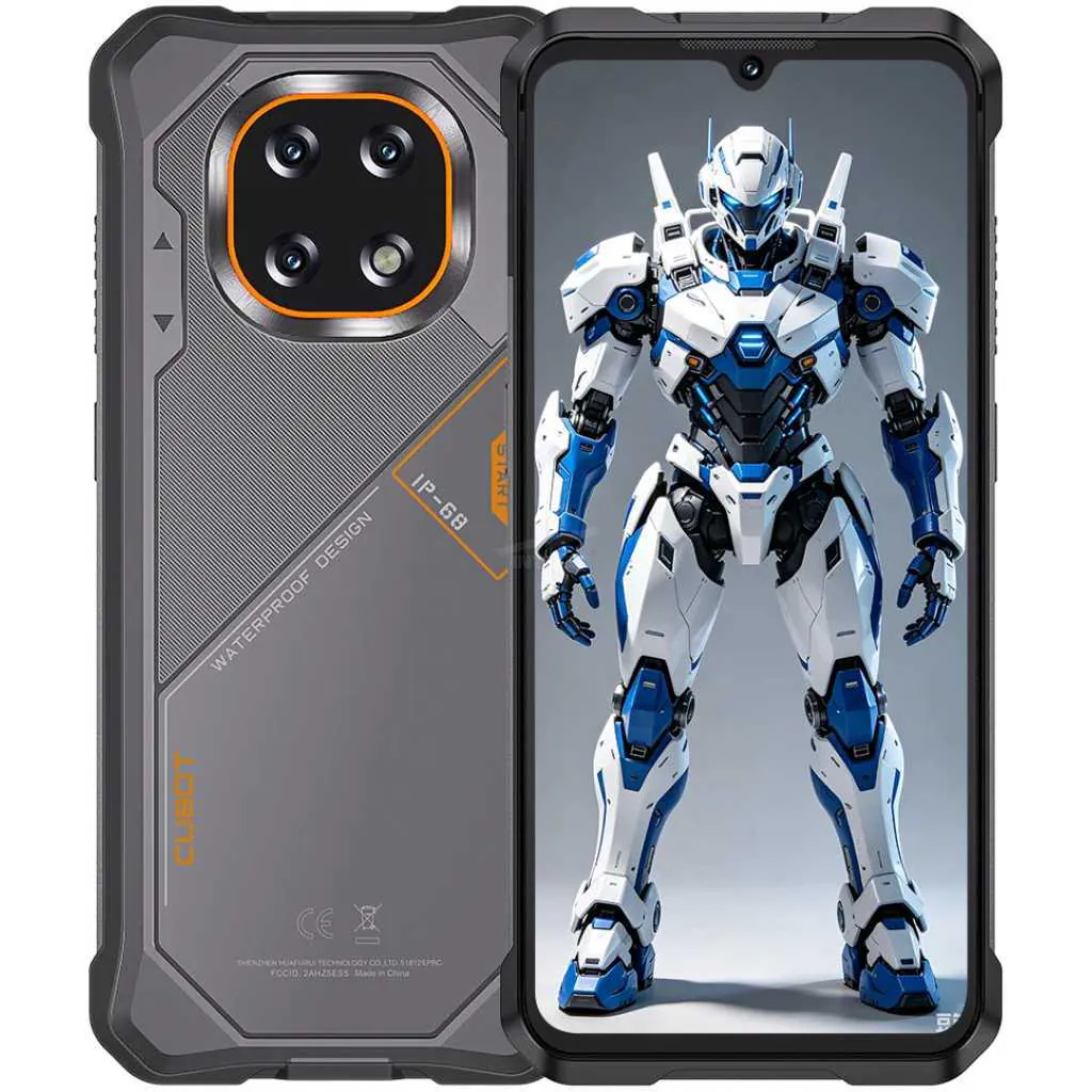 Rugged smartphone with a quad-camera module on the back and a blue-and-white robot on the front display's screen.