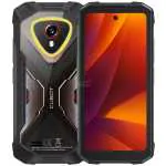 Rugged black smartphone with a heavy-duty case, showing the rear camera module and brand text beside a bright, colorful front display.