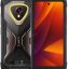 Rugged black smartphone with a heavy-duty case, showing the rear camera module and brand text beside a bright, colorful front display.