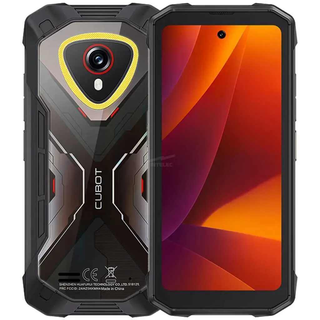 Rugged black smartphone with a heavy-duty case, showing the rear camera module and brand text beside a bright, colorful front display.