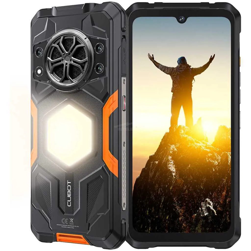 Rugged black smartphone with orange accents and a built‑in back flashlight, front display shows a person on a mountain at sunrise.