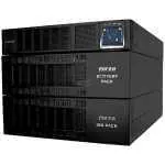 Black three‑unit UPS battery rack with a small touchscreen on the top right, labeled Battery Pack and ISO Pack, used for power backup in data centers.