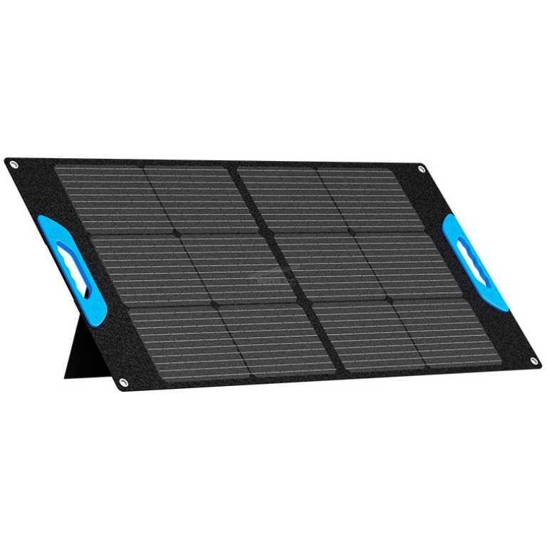 Portable foldable solar panel with blue handles, angled on a kickstand for outdoor charging.