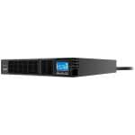 Black rack-mount UPS with blue LCD display and vented front panels viewed from the front-left side.